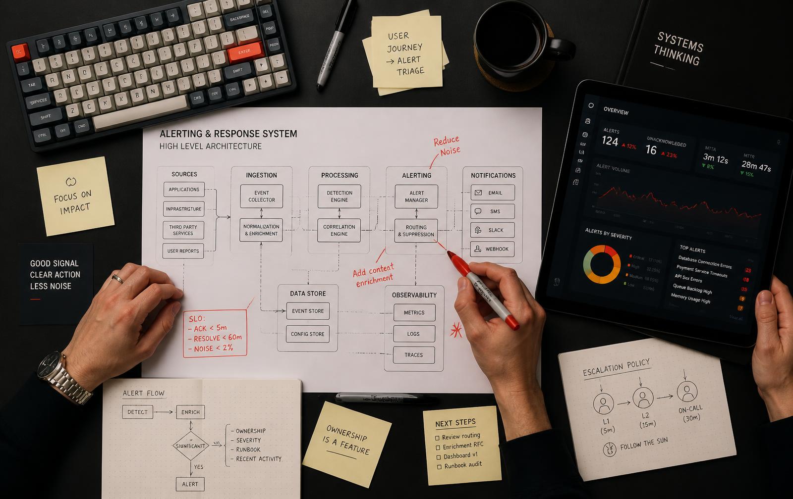 Overhead view of a planning table with a printed system architecture diagram, annotated notes and a dashboard on a tablet