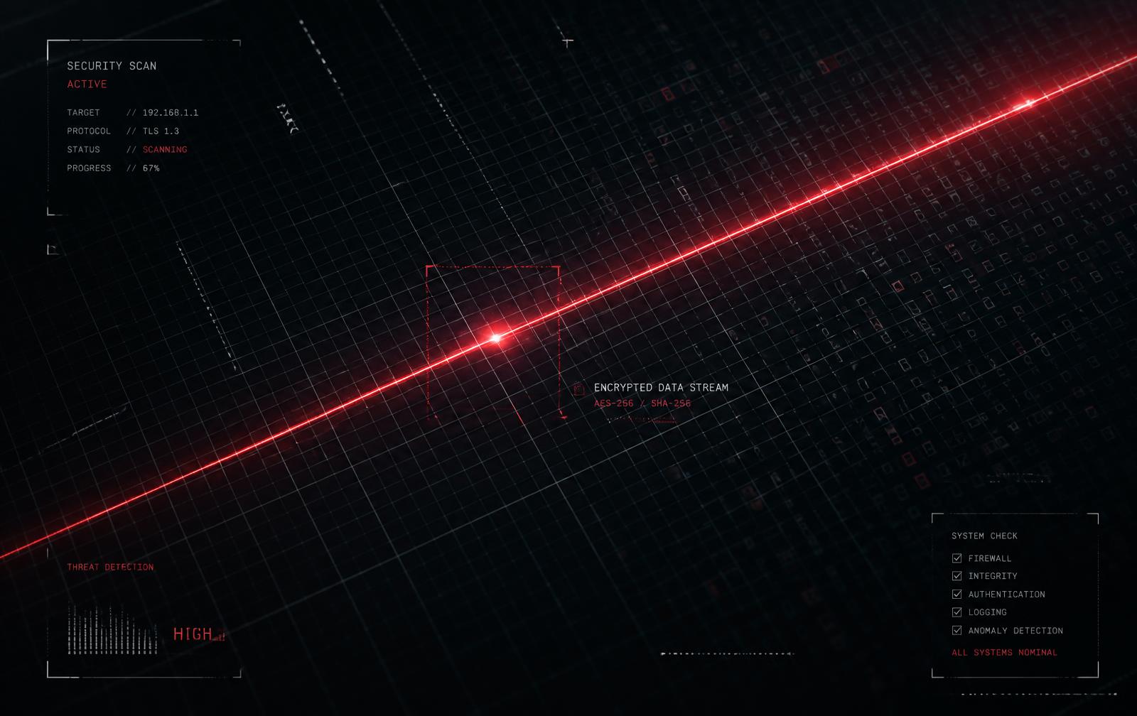 Abstract security visualisation showing a fine data grid crossed by a red scanning line with system check indicators